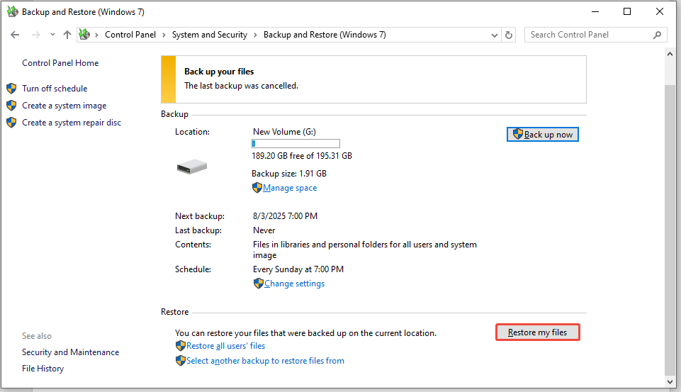 click the Restore my files button