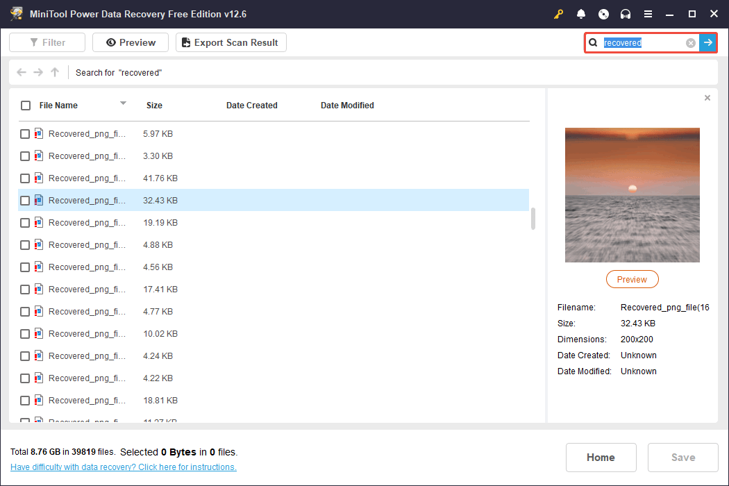 use the Search function to locate wanted files in MiniTool Power Data Recovery