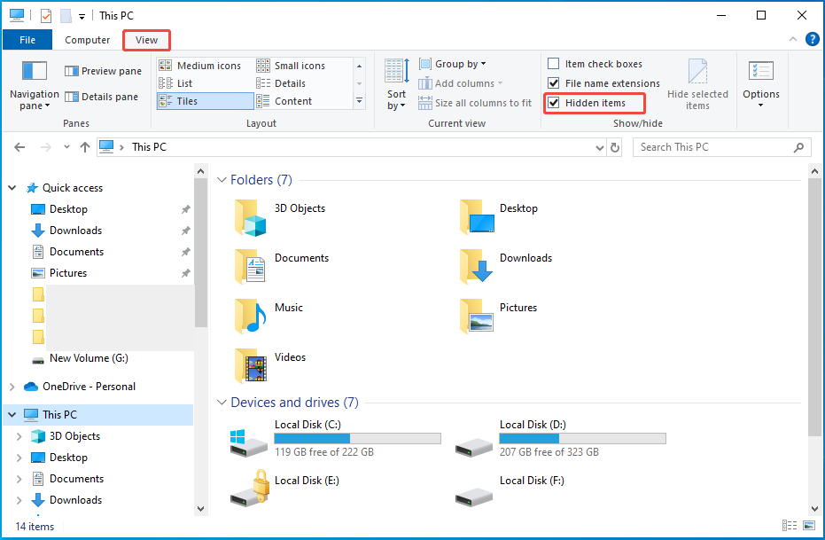 tick the box for Hidden items to show your desktop files