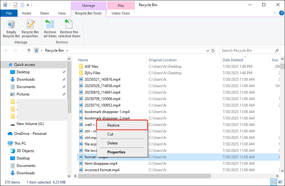 select Restore to recover desktop files from the Recycle Bin