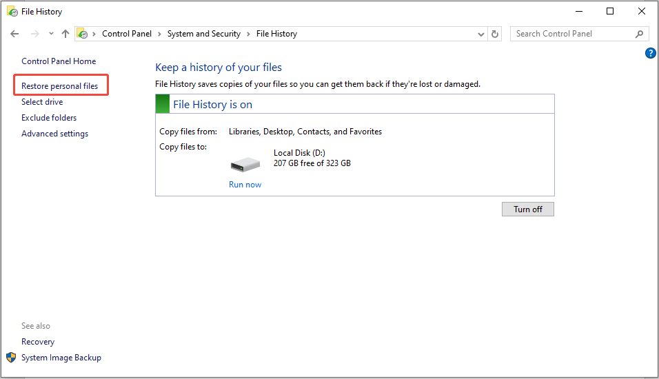 click Restore personal files