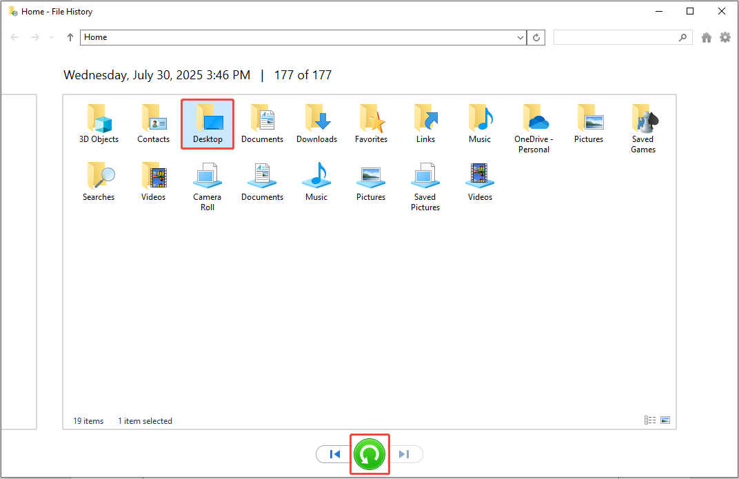 click the green button to restore desktop files