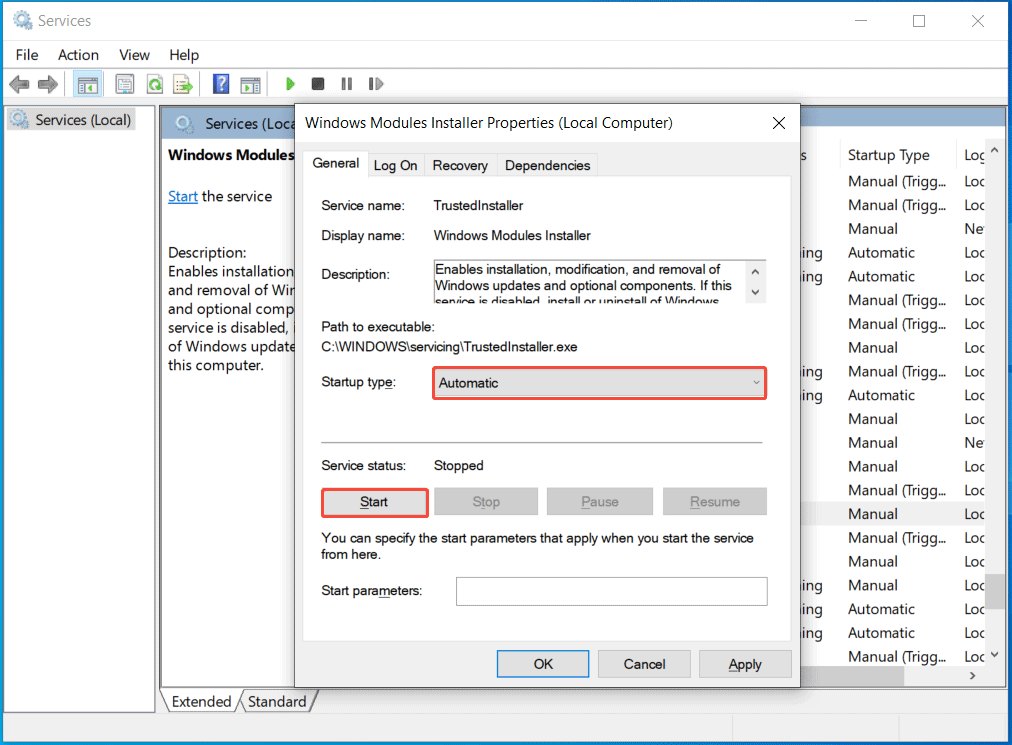 Windows Modules Installer service properties