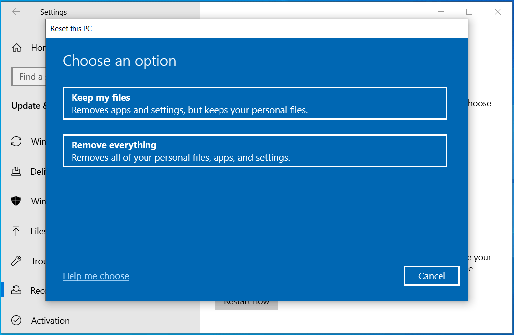 reset this PC in Windows 10
