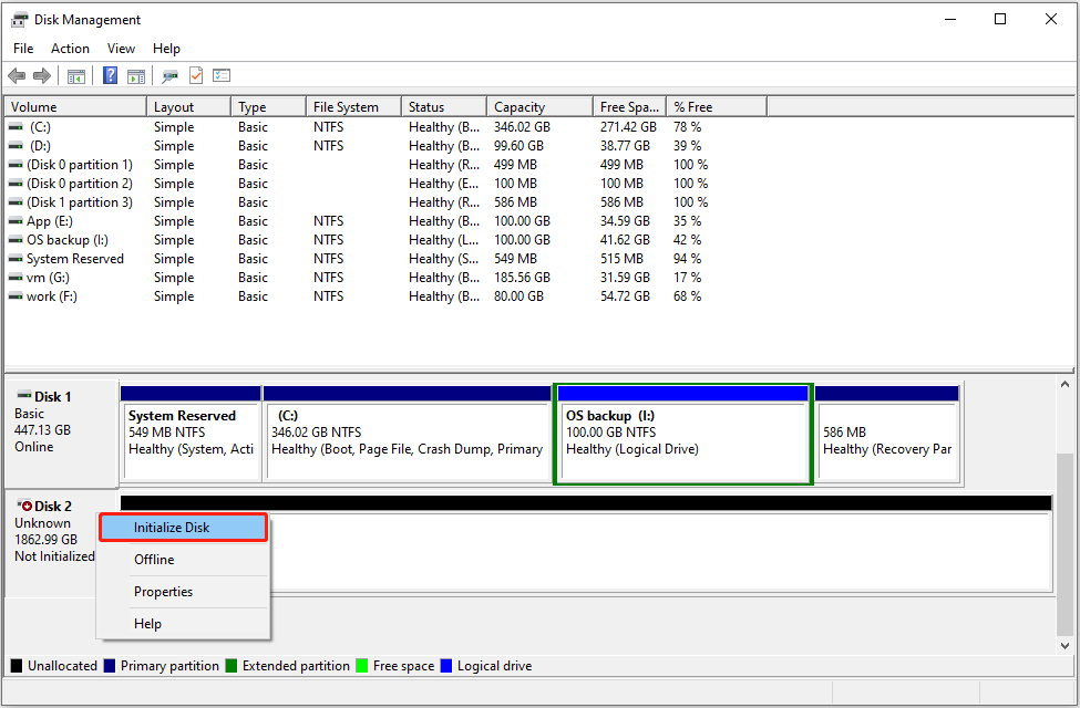 initialize disk in Disk Management