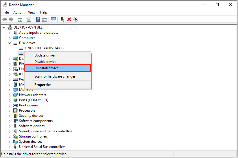 uninstall the disk in Device Manager