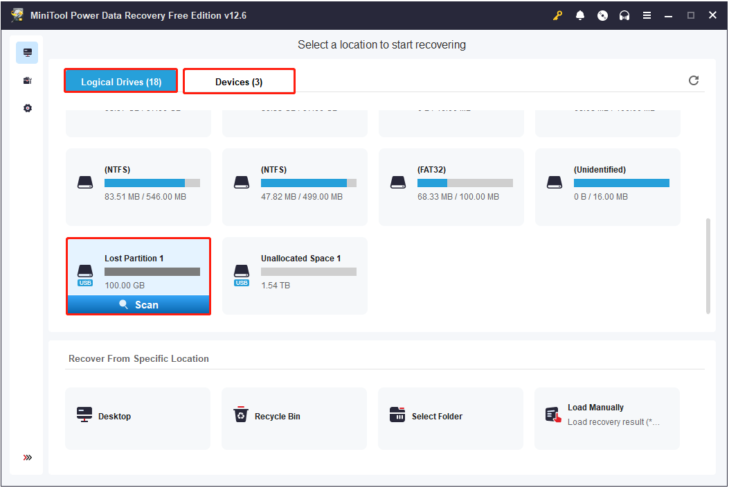 scan the lost partition in MiniTool Power Data Recovery