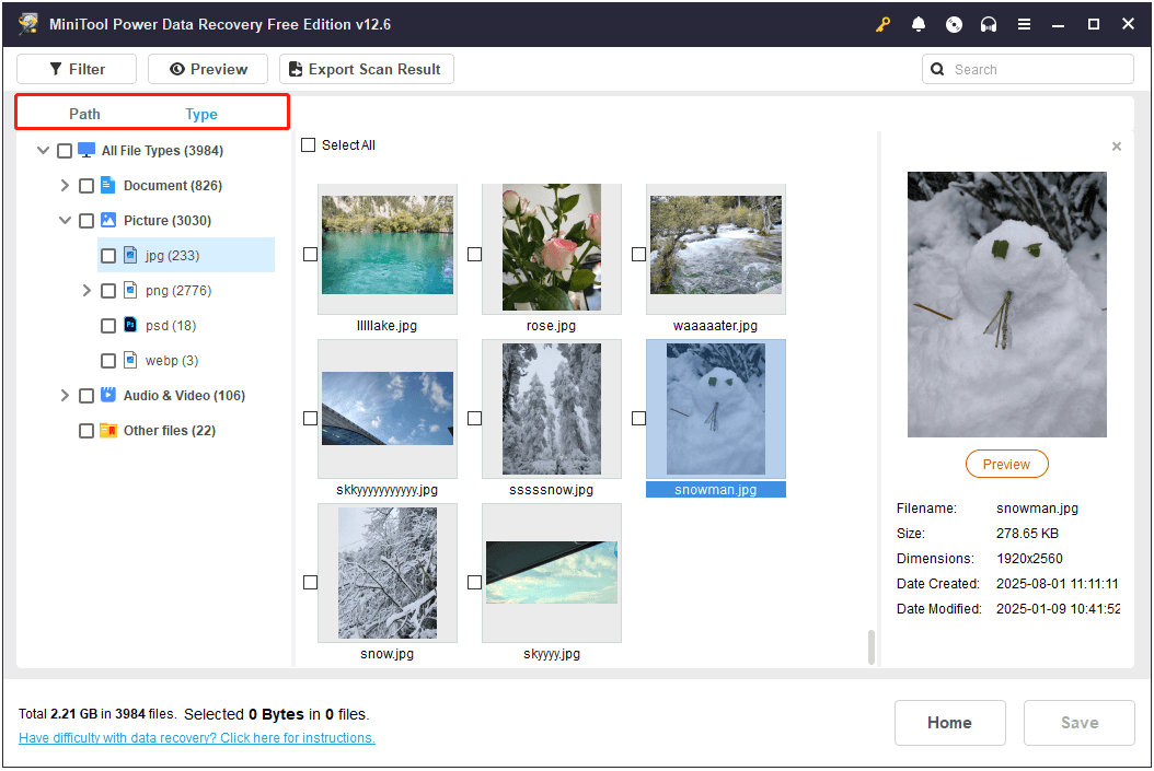 files being displayed under Path and Type in MiniTool Power Data Recovery