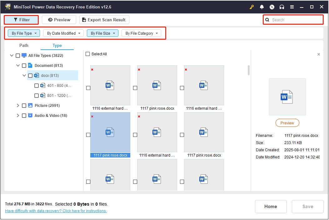 use Filter and Search features in MiniTool Power Data Recovery
