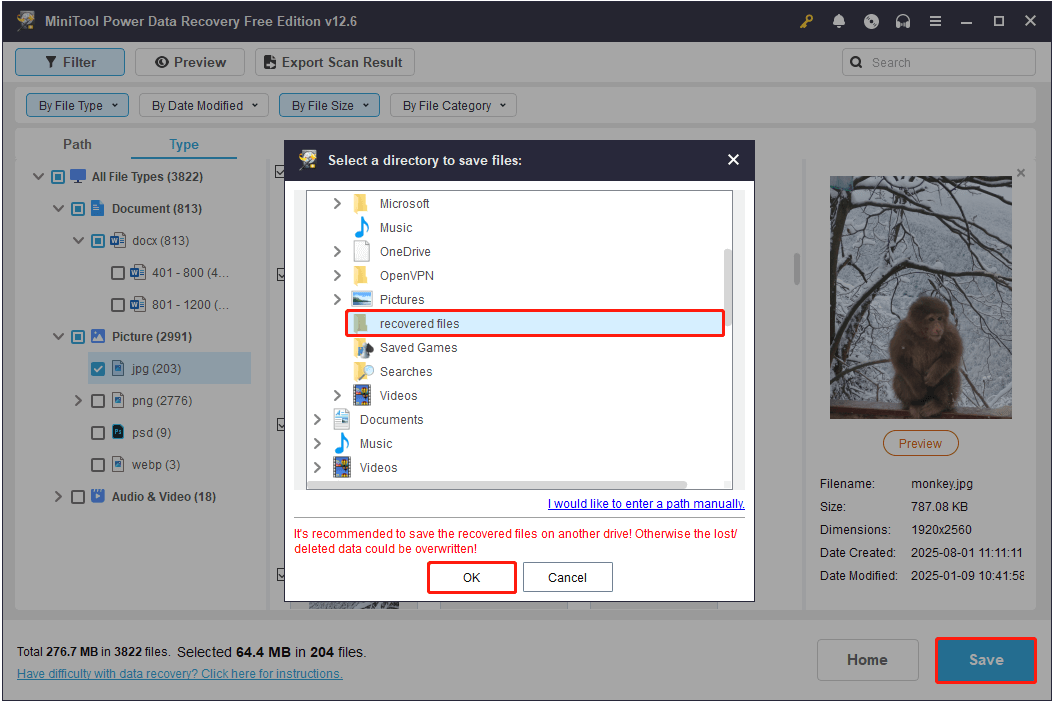 save recovered files in MiniTool Power Data Recovery