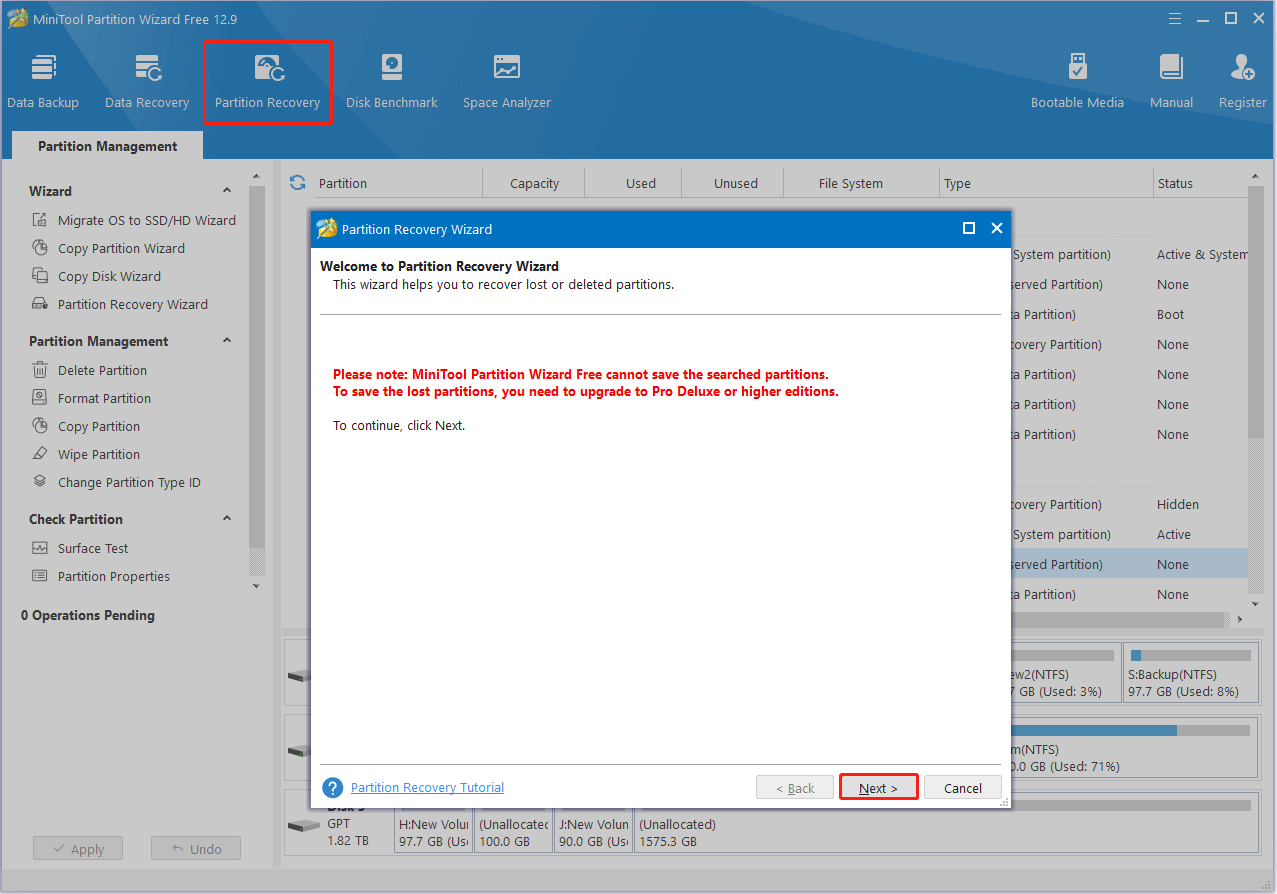 select the Partition Recovery option in MiniTool Partition Wizard