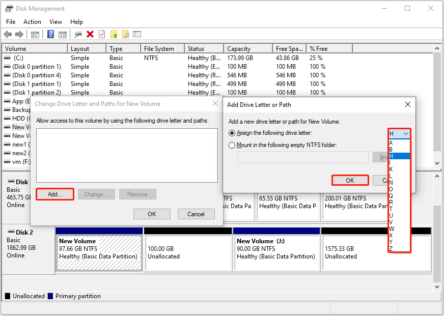 add a drive letter in Disk Management