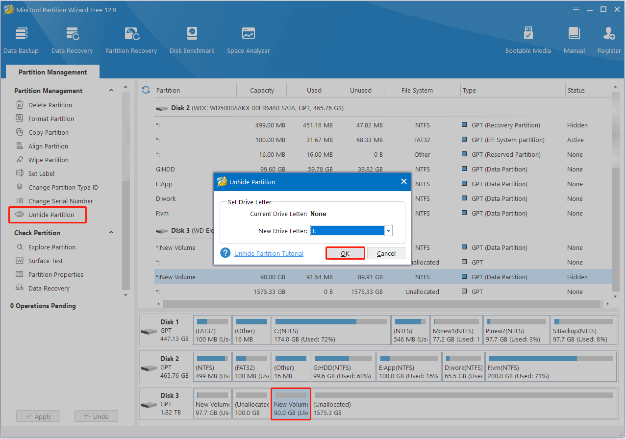 unhide the partition in MiniTool Partition Wizard