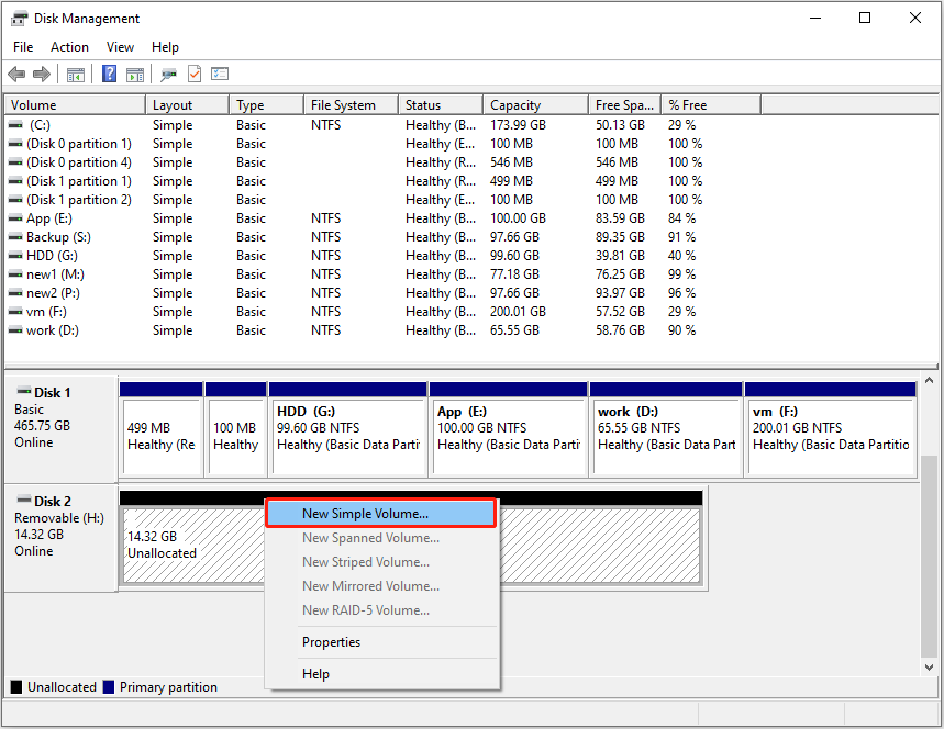 select the option to create a new partition in Disk Management