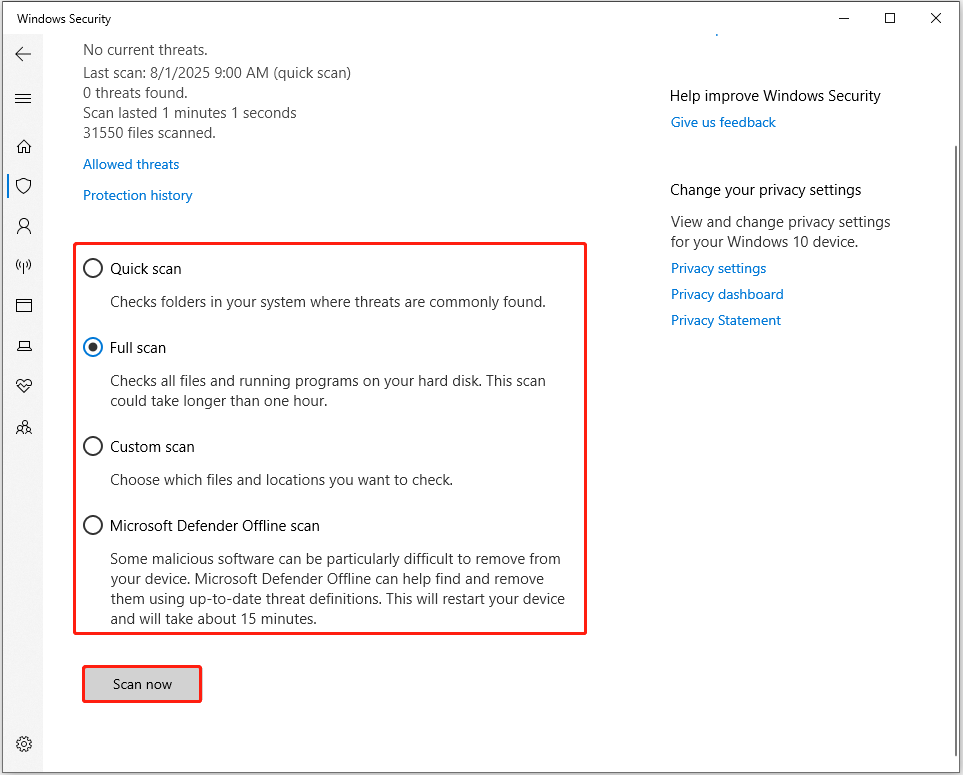 choose a scan option and start the scan in Windows Security