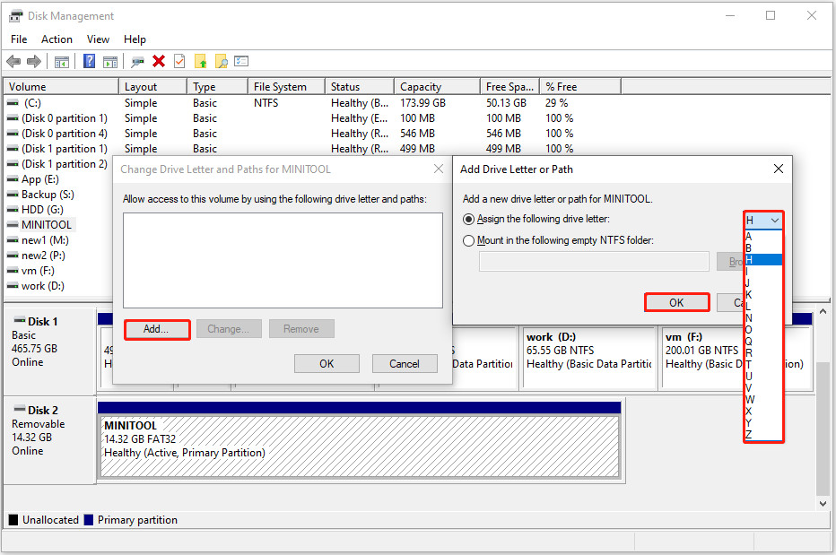 add a drive letter in Disk Management
