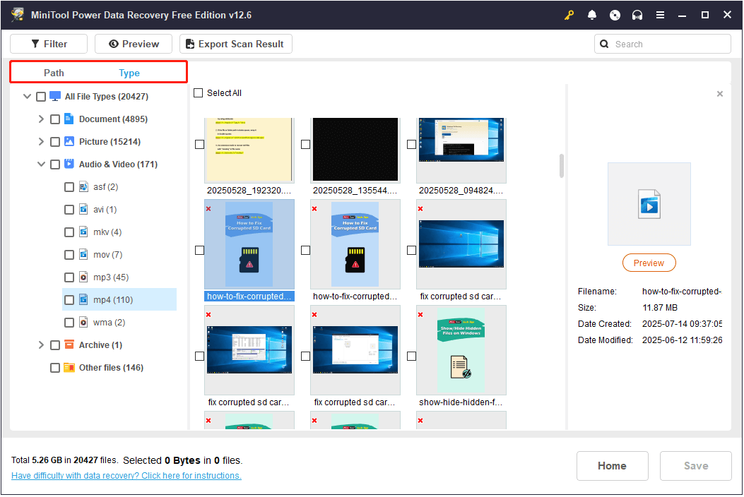 view files by file path and file type in MiniTool Power Data Recovery