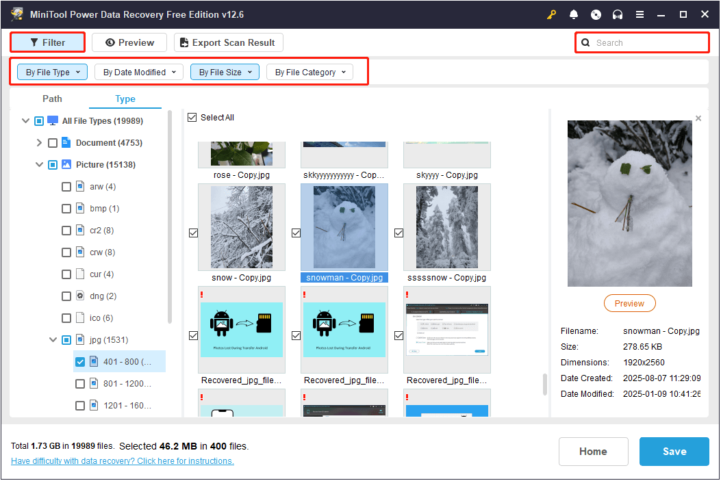 use Filter and Search to find files in MiniTool Power Data Recovery
