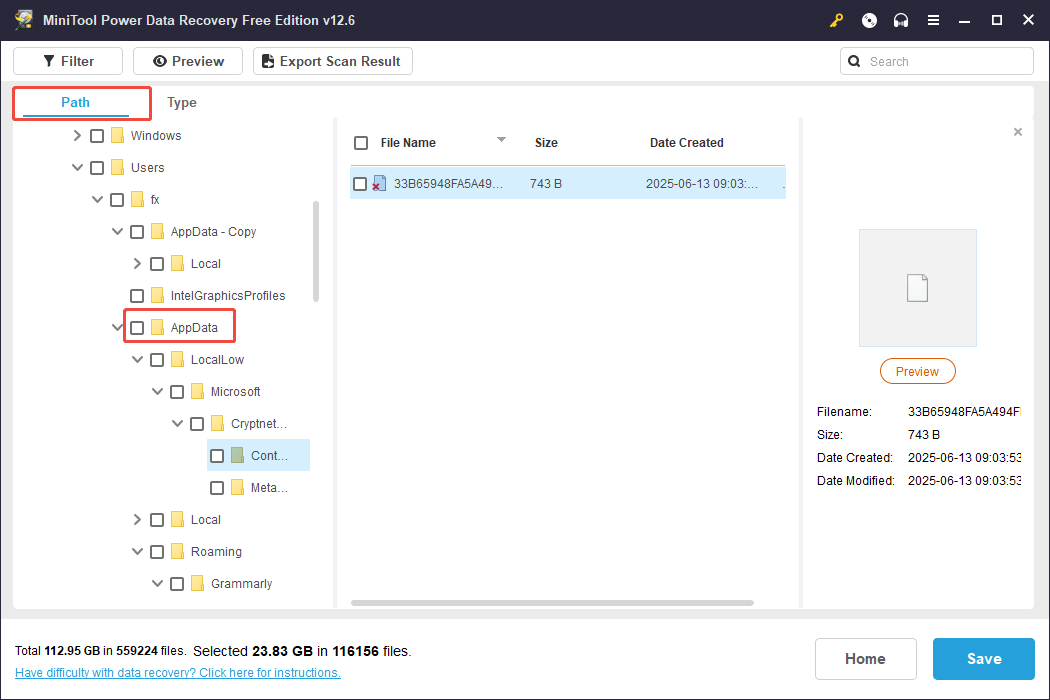 find the lost AppData file in the Path tab