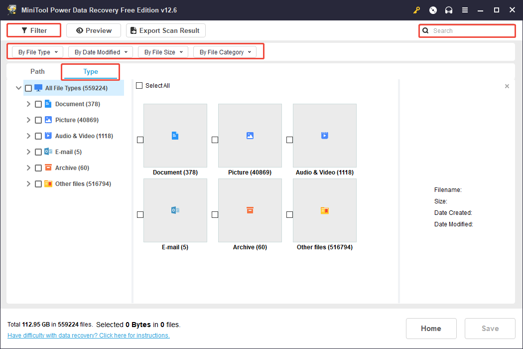 use the Filter, Type, and Search features in MiniTool Power Data Recovery