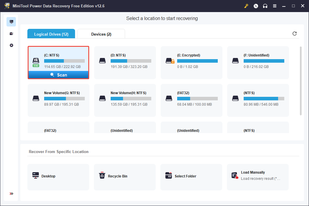 scan the C drive partition in MiniTool Power Data Recovery