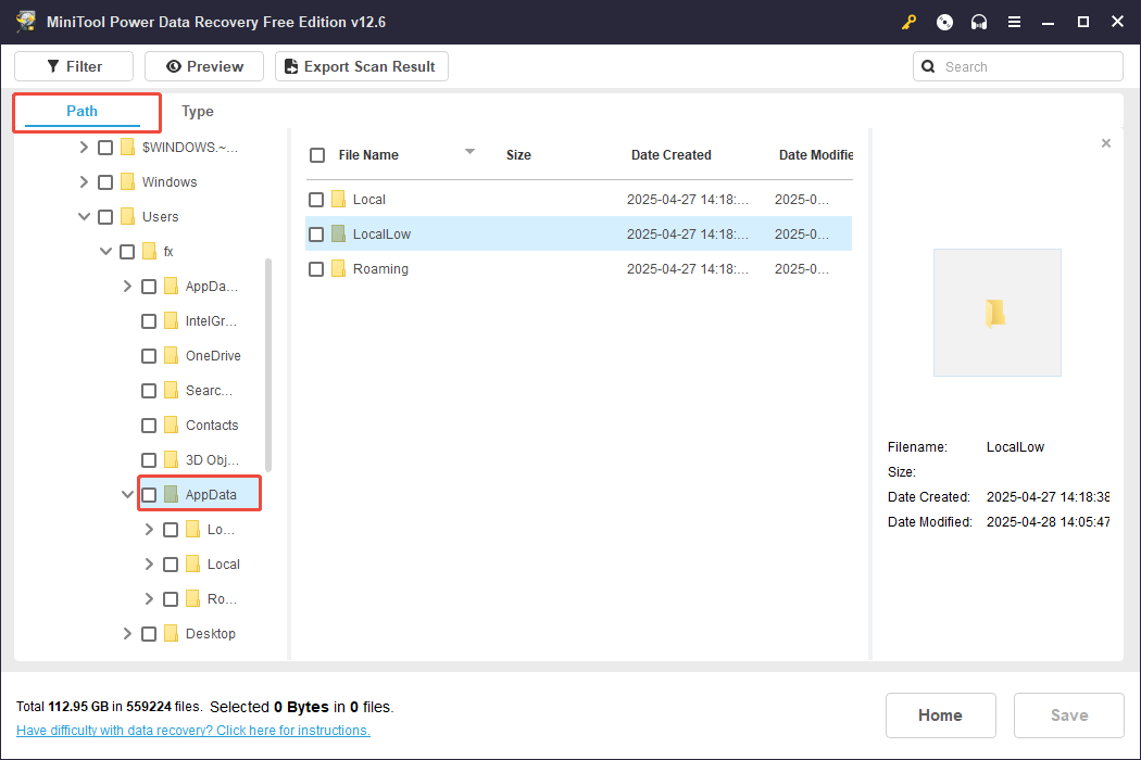 find the AppData folder using MiniTool Power Data Recovery’s Path function