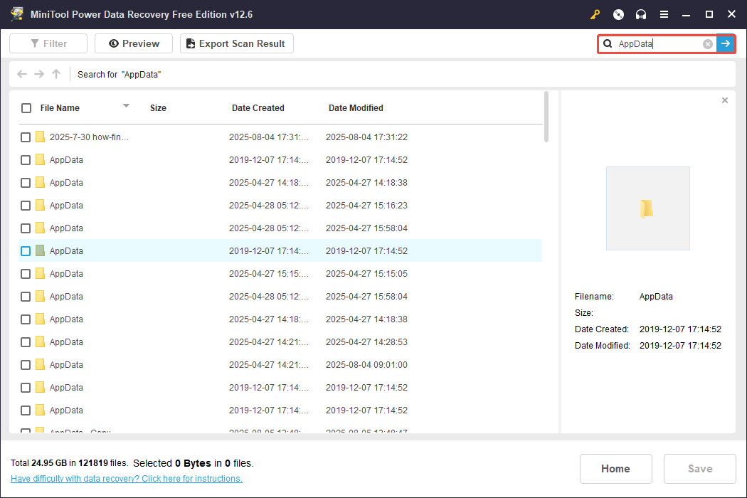 use the Search function to find the AppData folder in MiniTool Power Data Recovery