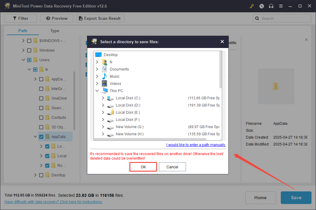save the AppData folder to recover it via MiniTool Power Data Recovery
