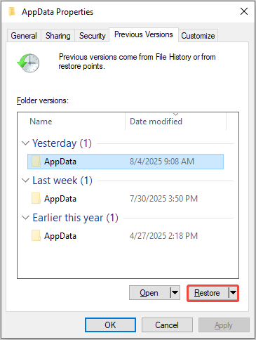 restore the AppData folder’s previous version