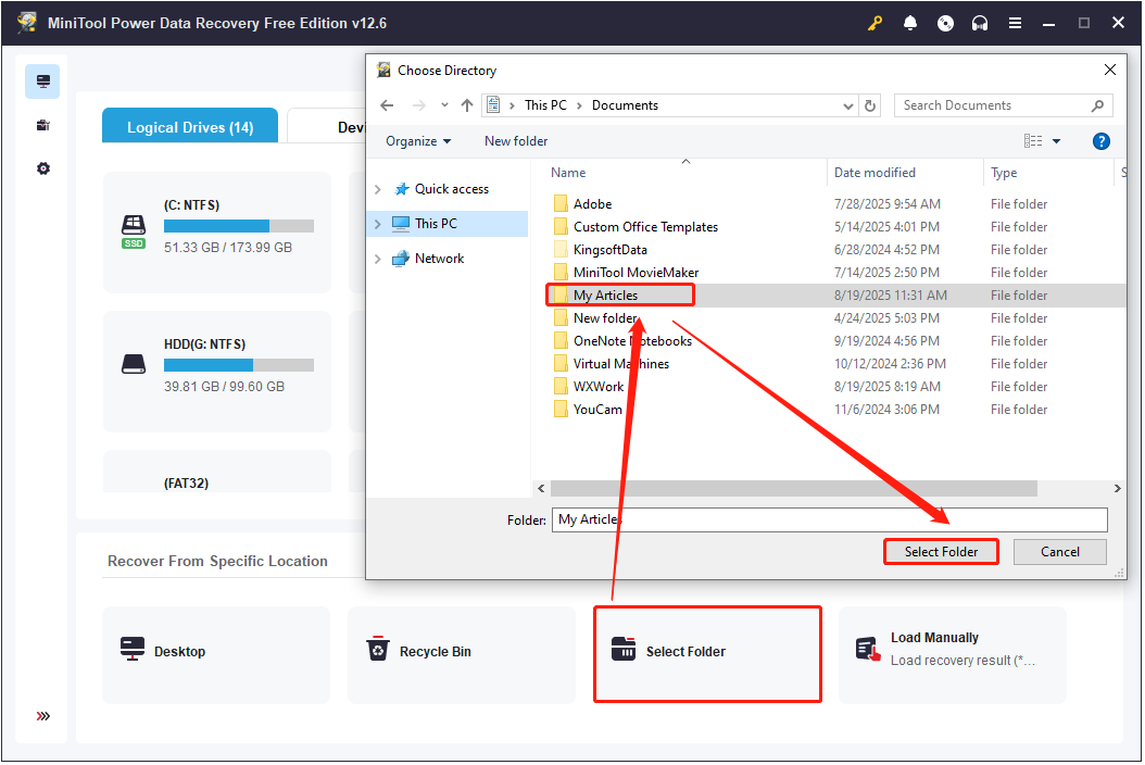 scan the My Articles folder for Excel files in MiniTool Power Data Recovery