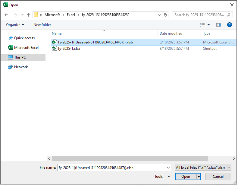 the unsaved Excel files