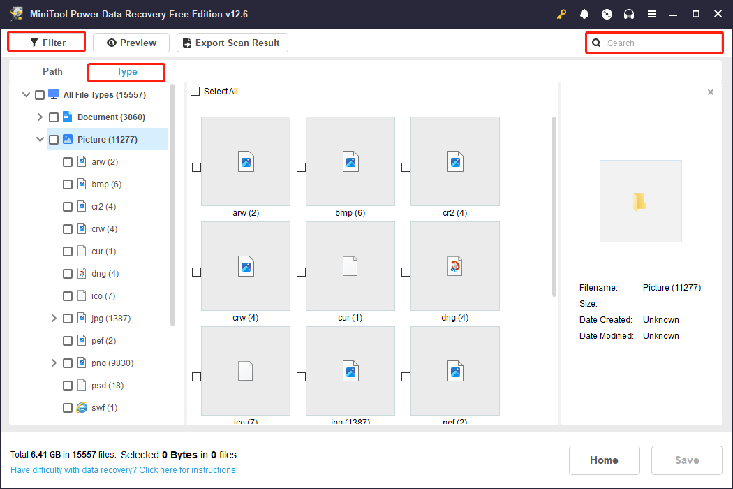 use Type, Filter, and Search to locate files in MiniTool Power Data Recovery