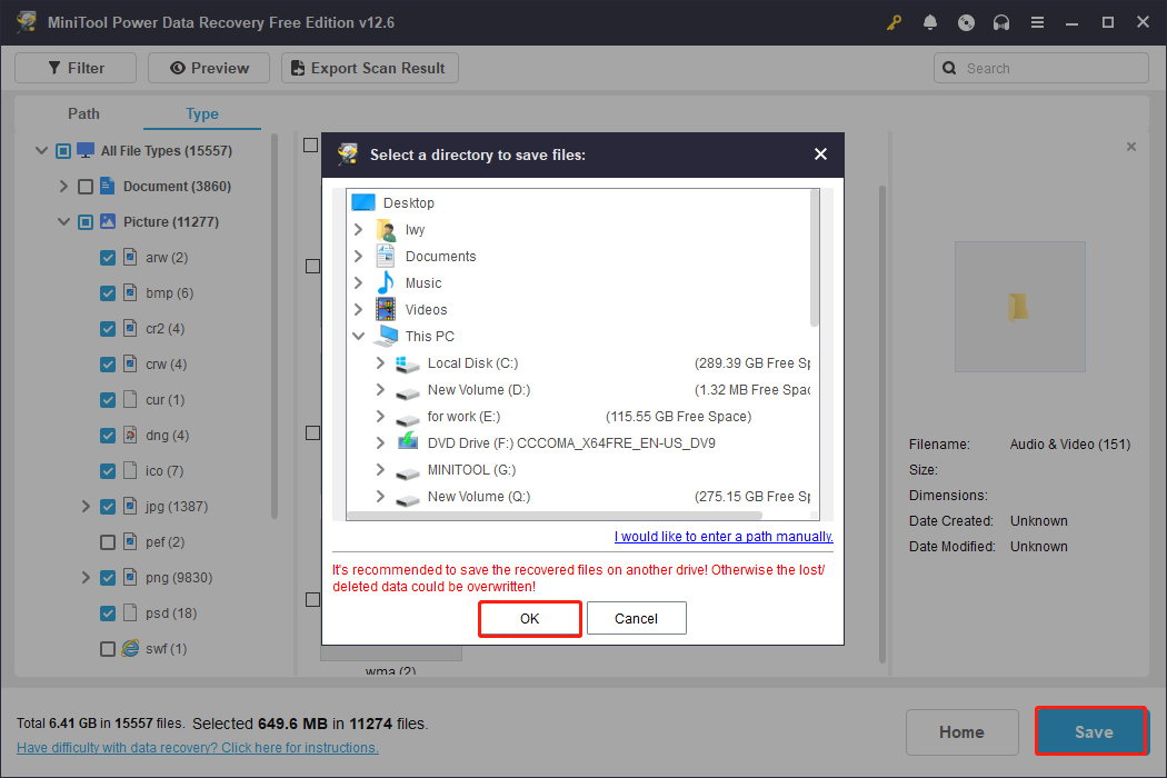 recover files to a safe place using MiniTool Power Data Recovery