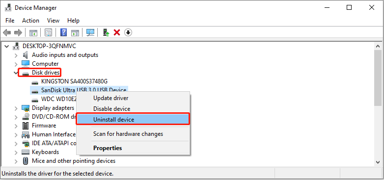 uninstall the USB driver using Device Manager