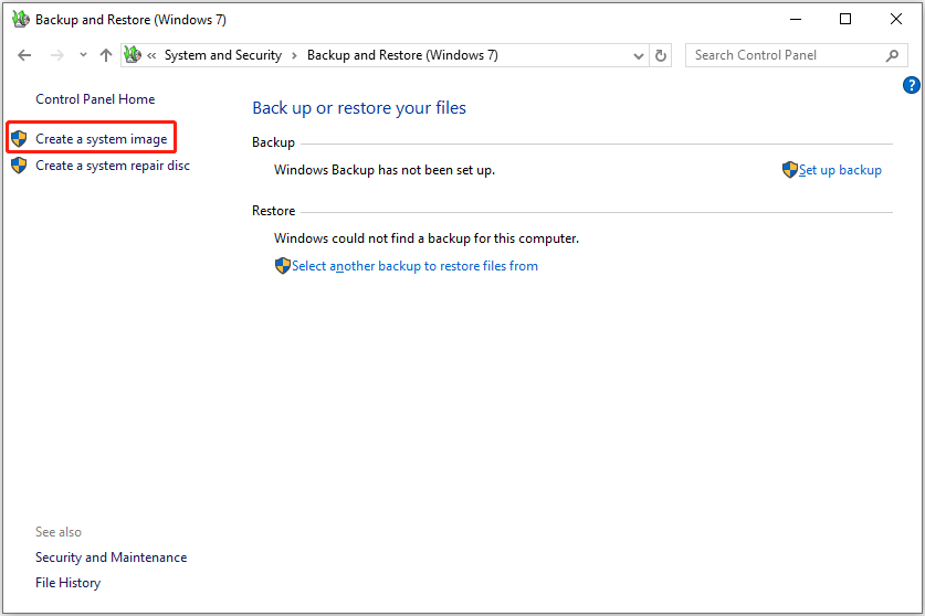 click the option to create a system image by using Windows Backup and Restore