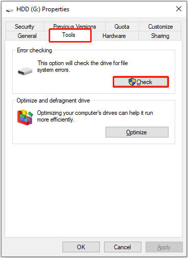 check for file system errors from disk properties