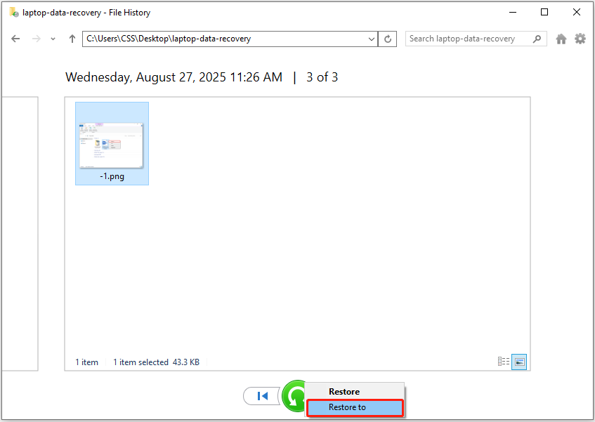 restore the file to another location by using File History