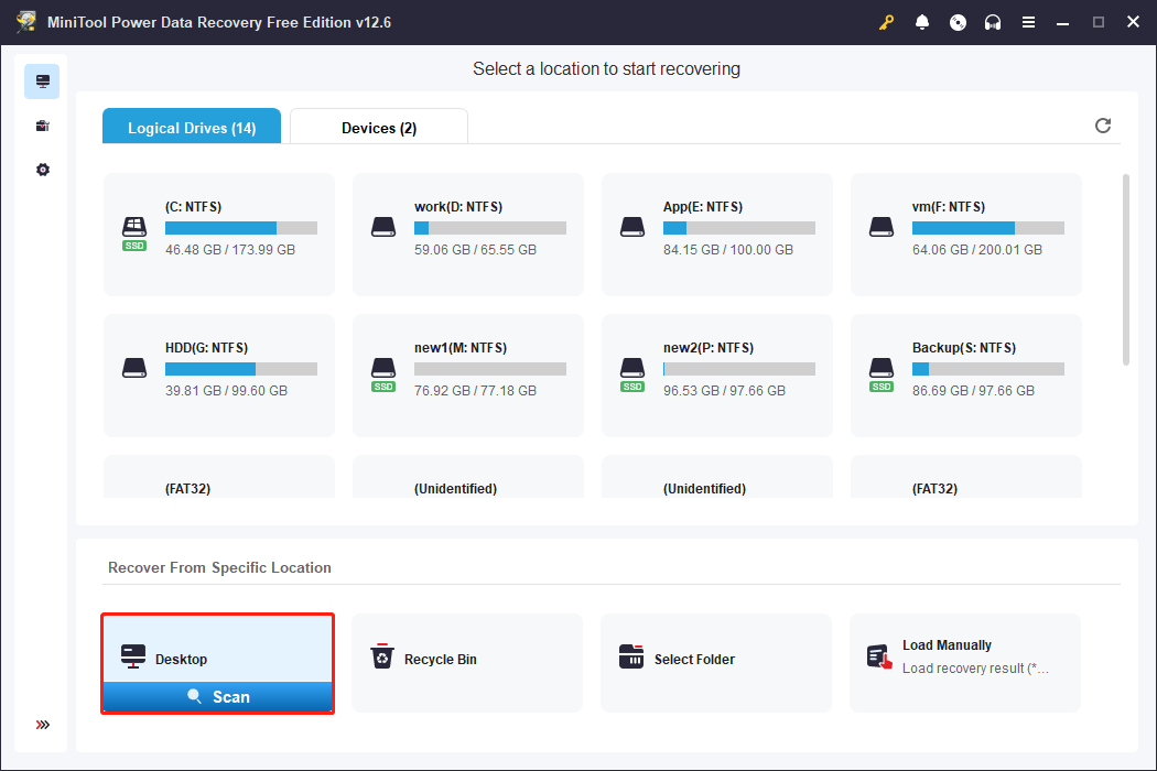 select the desktop to scan in MiniTool Power Data Recovery