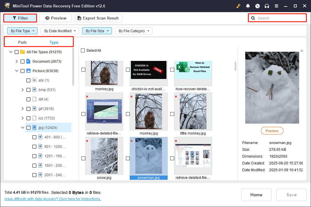 use built-in features to filter or search for files in MiniTool Power Data Recovery