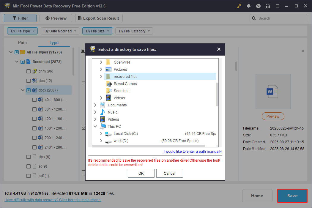 save recovered files to a location in MiniTool Power Data Recovery