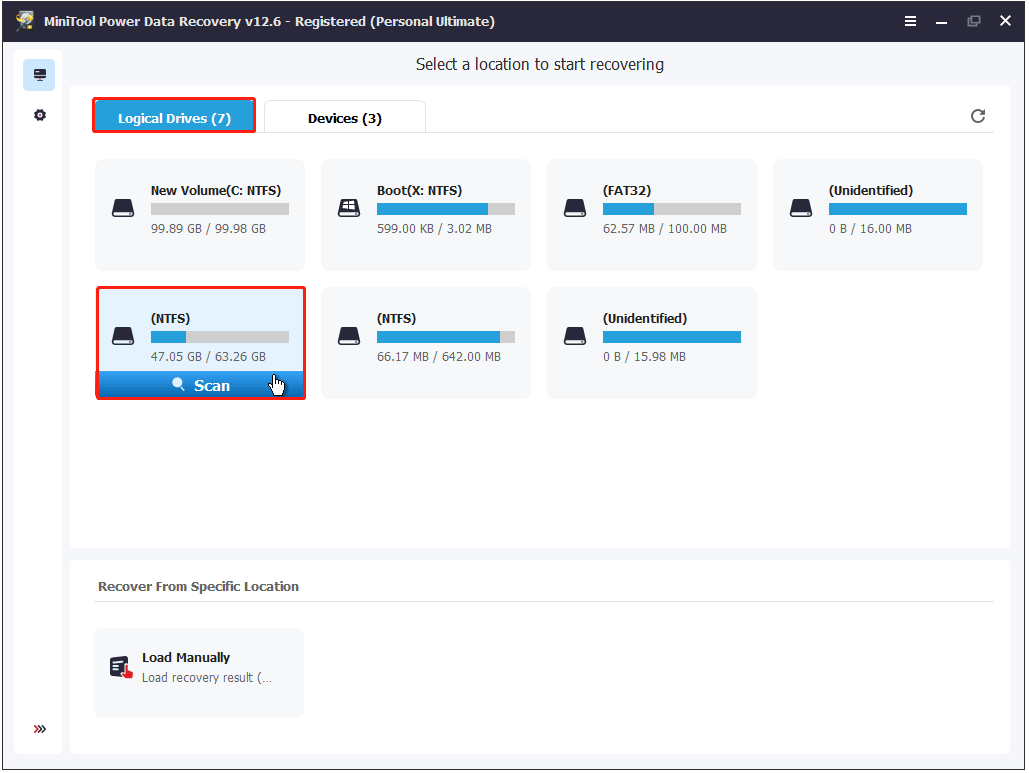 select the system drive to scan in MiniTool Power Data Recovery