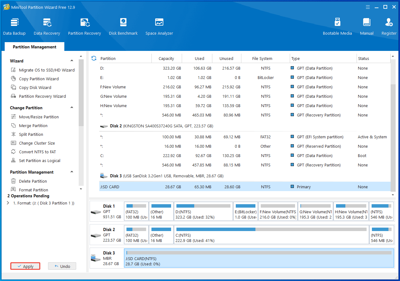 click the Apply button to format the Micro SD card in MiniTool Partition Wizard
