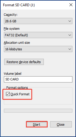 check the Quick Format option and click the Start button