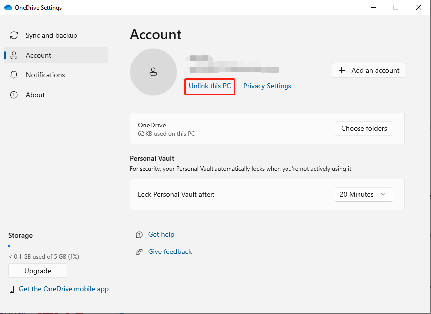 click Unlink this PC to unlink OneDrive account