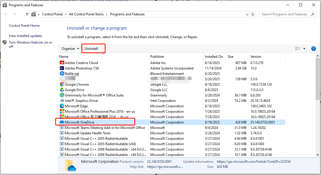 uninstall the OneDrive app