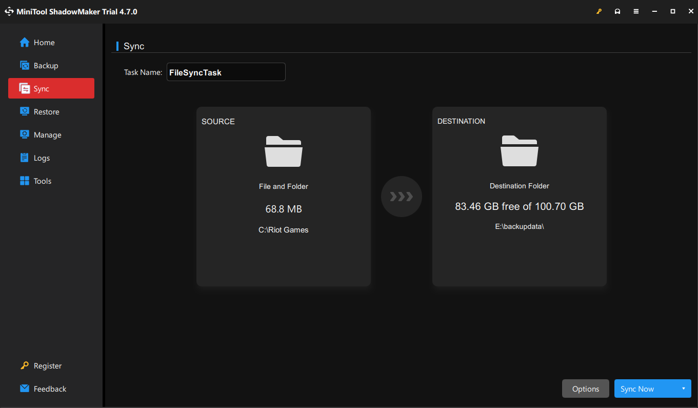 select the desired files or folders in SOURCE and choose a destination path in DESTINATION