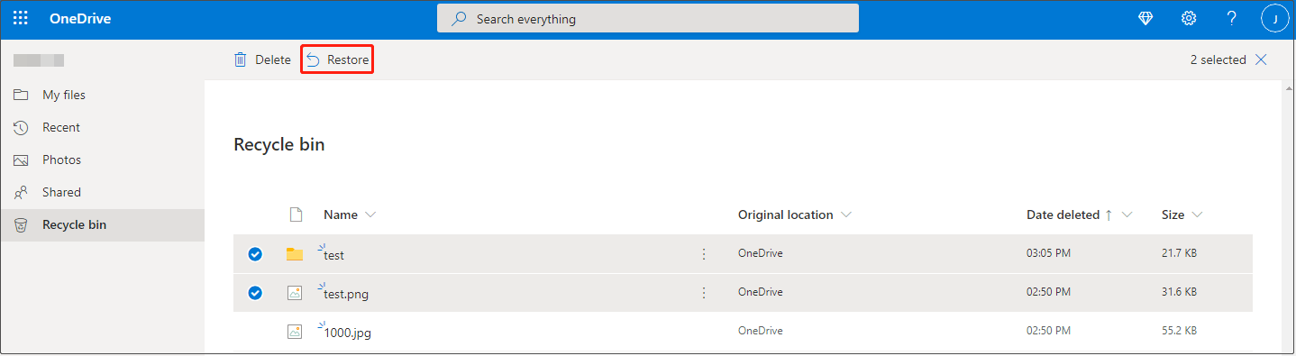 restore deleted files from OneDrive Recycle Bin