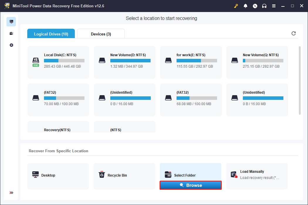 select a scan location using MiniTool Power Data Recovery