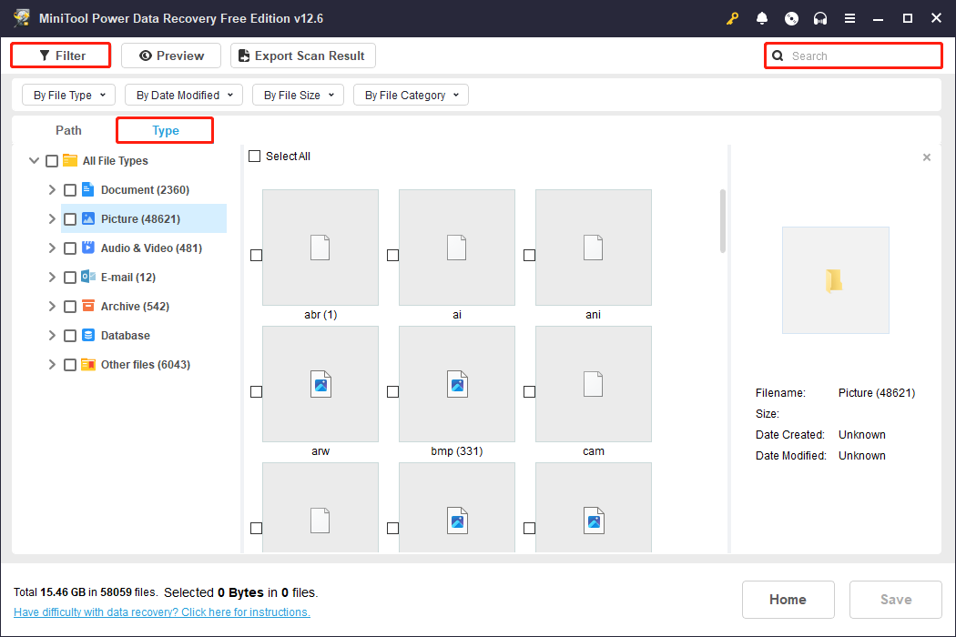 use Type, Filter, and Search to find the files in MiniTool Power Data Recovery