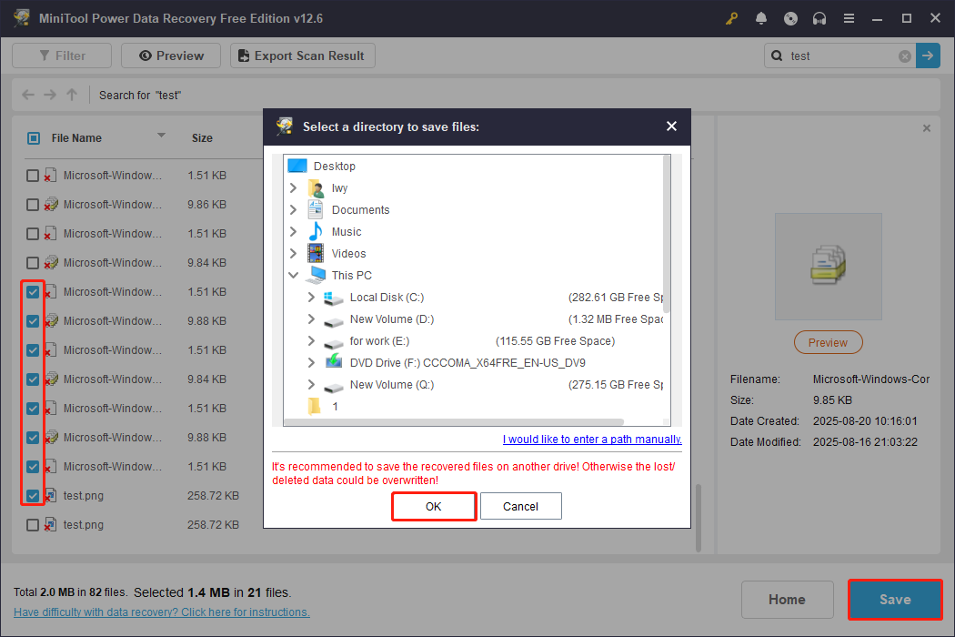 recover the files to a new path using MiniTool Power Data Recovery